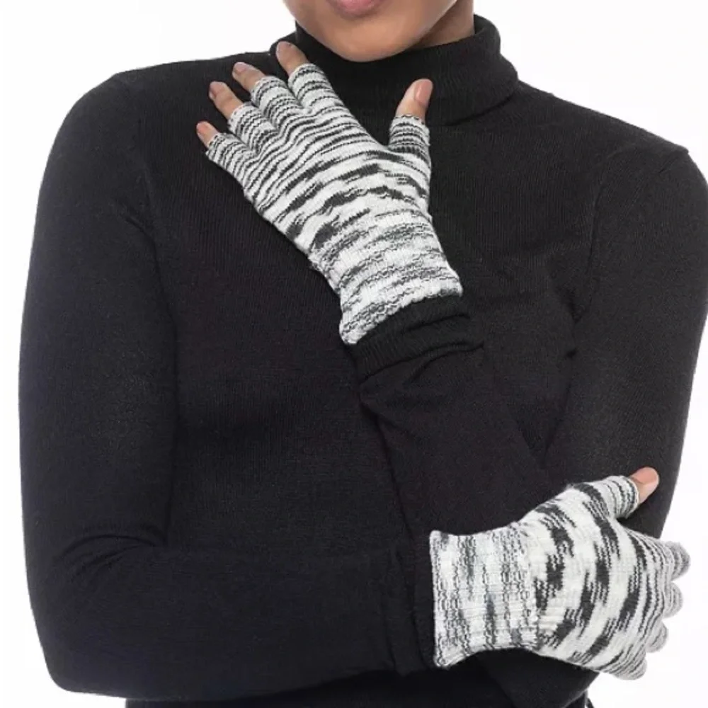 Style & Co. Fingerless Gloves Black White Marled Space-Dyed Knit One Size NWT
